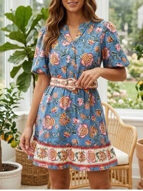 Blue Floral Short Sleeve Smocked Waist Dress